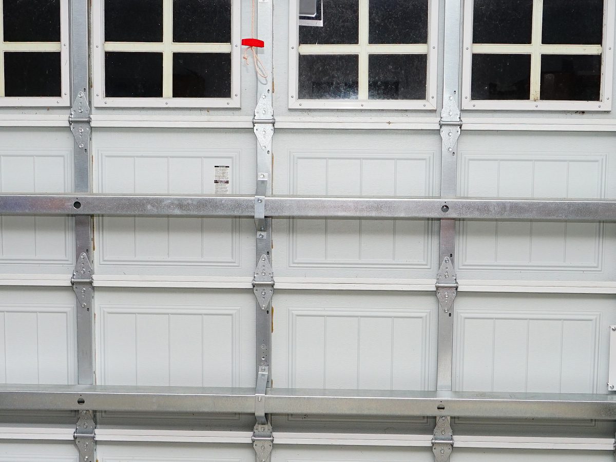 A garage door bracing kit from the inside of the garage