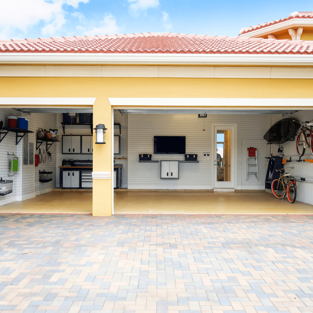 Garage door with TV and work spaces
